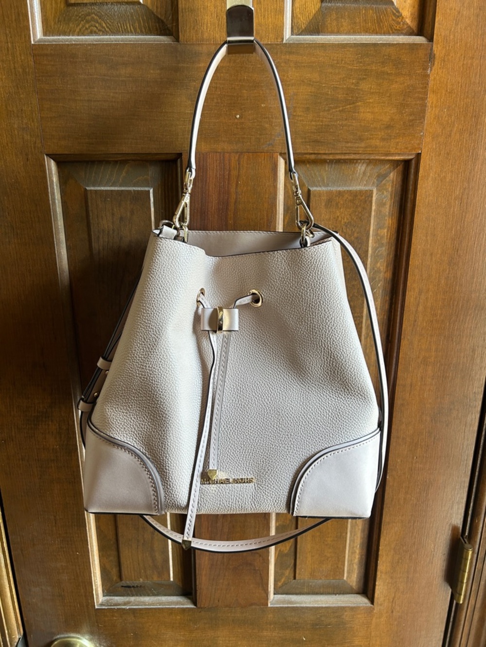 Michael Kors Pebbled Light Beige Drawstring Shoulder Bag